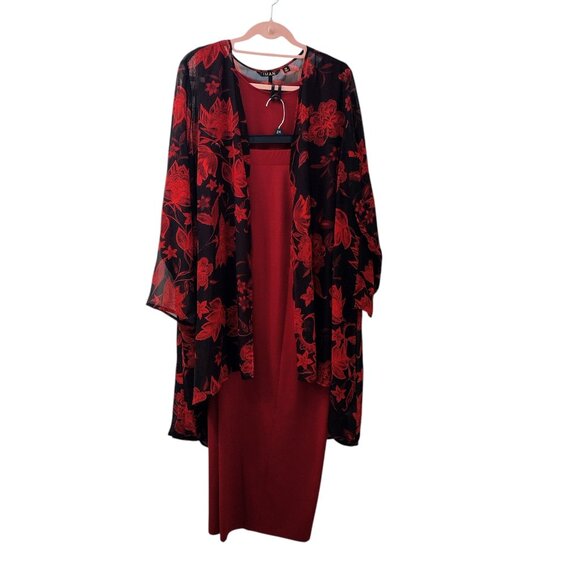 Iman: 3-Piece Red-Black Floral Pant Set, Size 2X (Duster, Tank & Pull-On Pants) - Picture 1 of 14